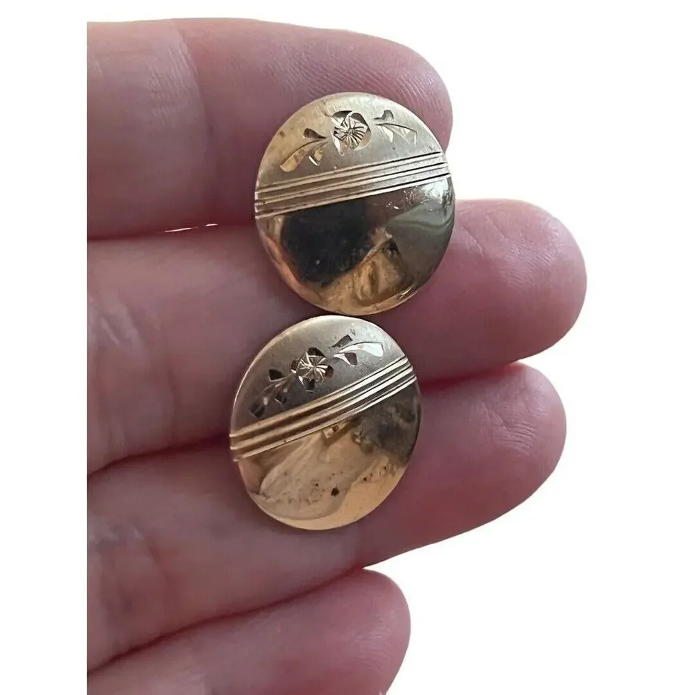 Vintage Gold Tone Floral Etched Round Cufflinks
